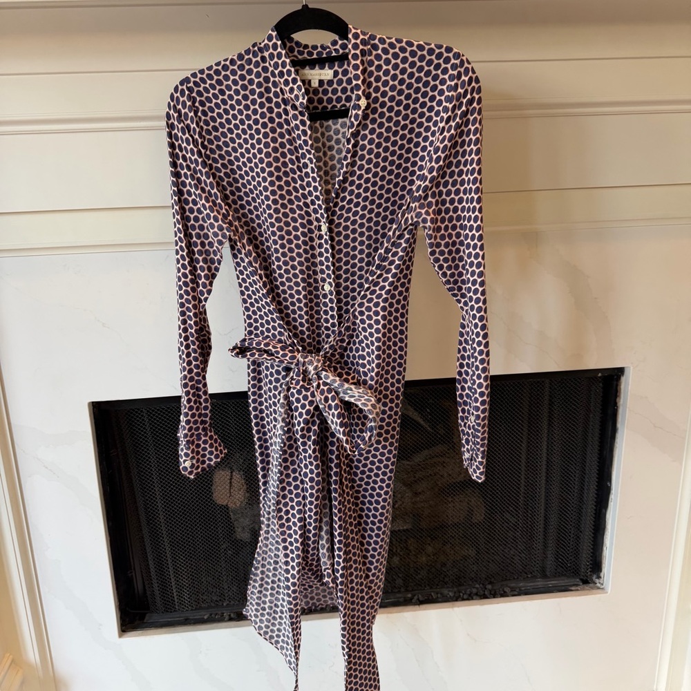 ANN MASHBURN Navy and Cream Button-Front Shirt Dress with Dot Print